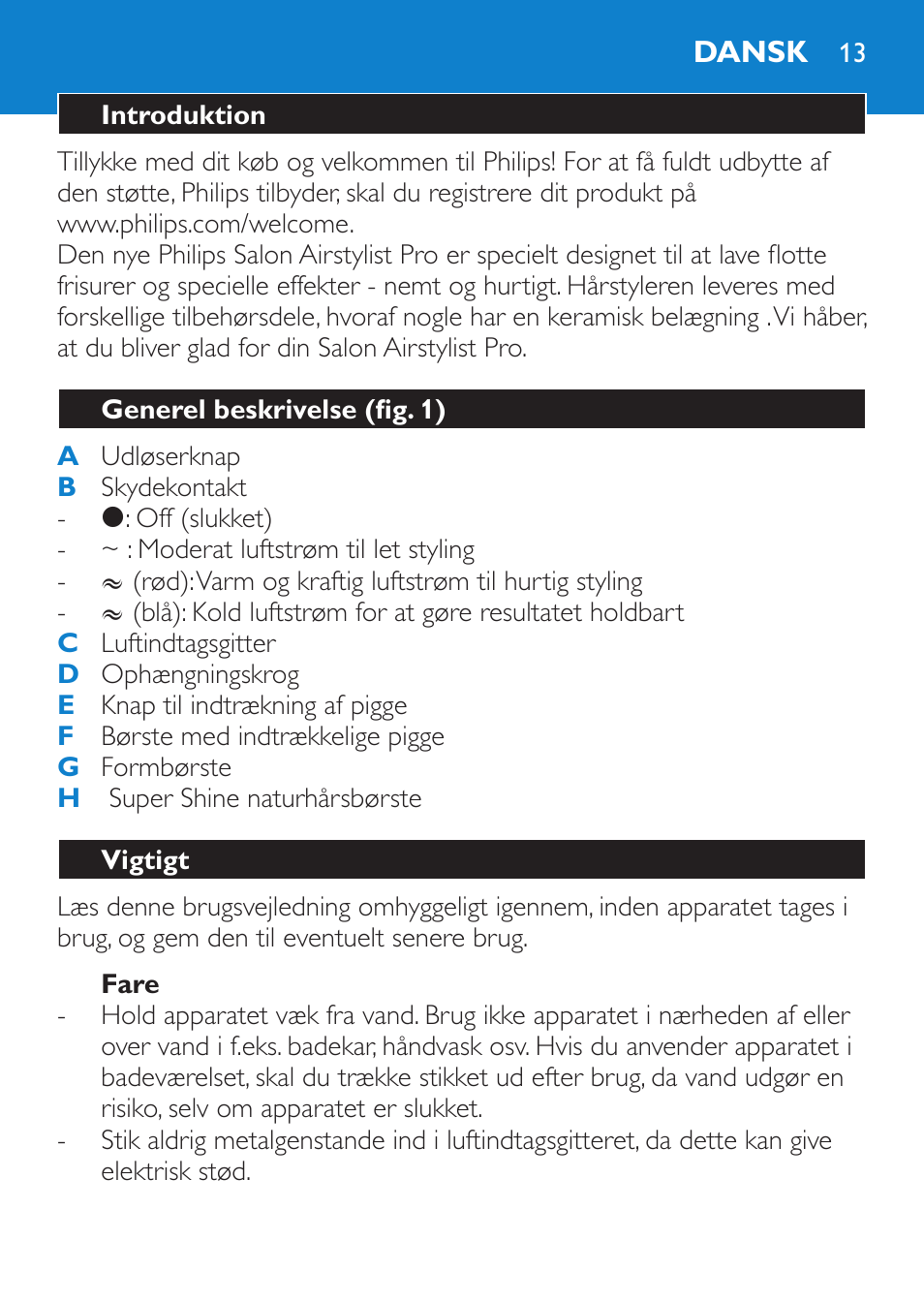 Fare, Dansk, Introduktion | Generel beskrivelse (fig. 1), Vigtigt | Philips Brosse soufflante User Manual | Page 13 / 108