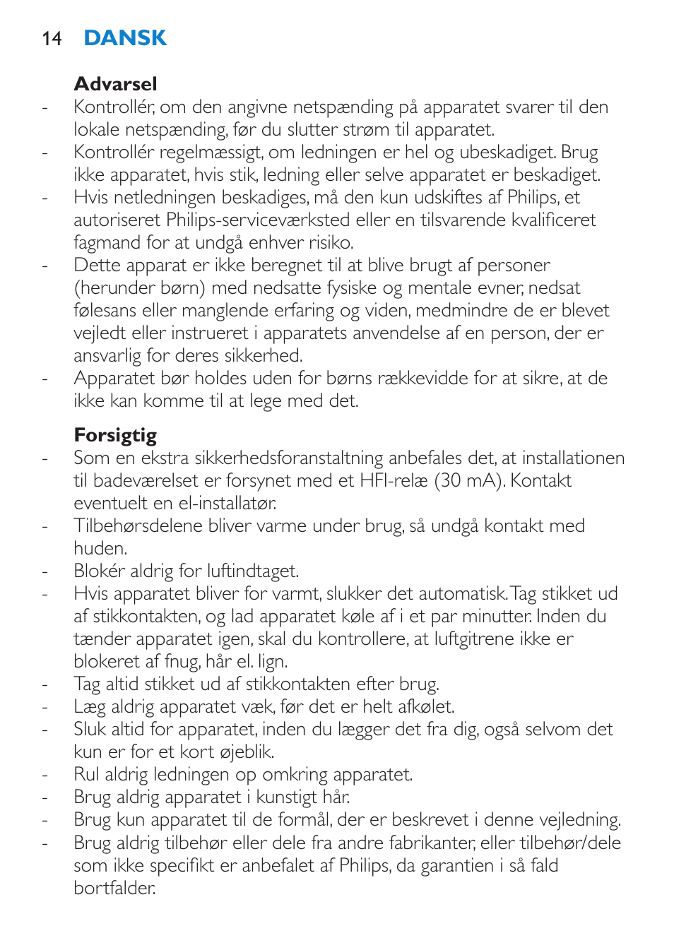 Advarsel, Forsigtig | Philips Brosse soufflante User Manual | Page 14 / 108