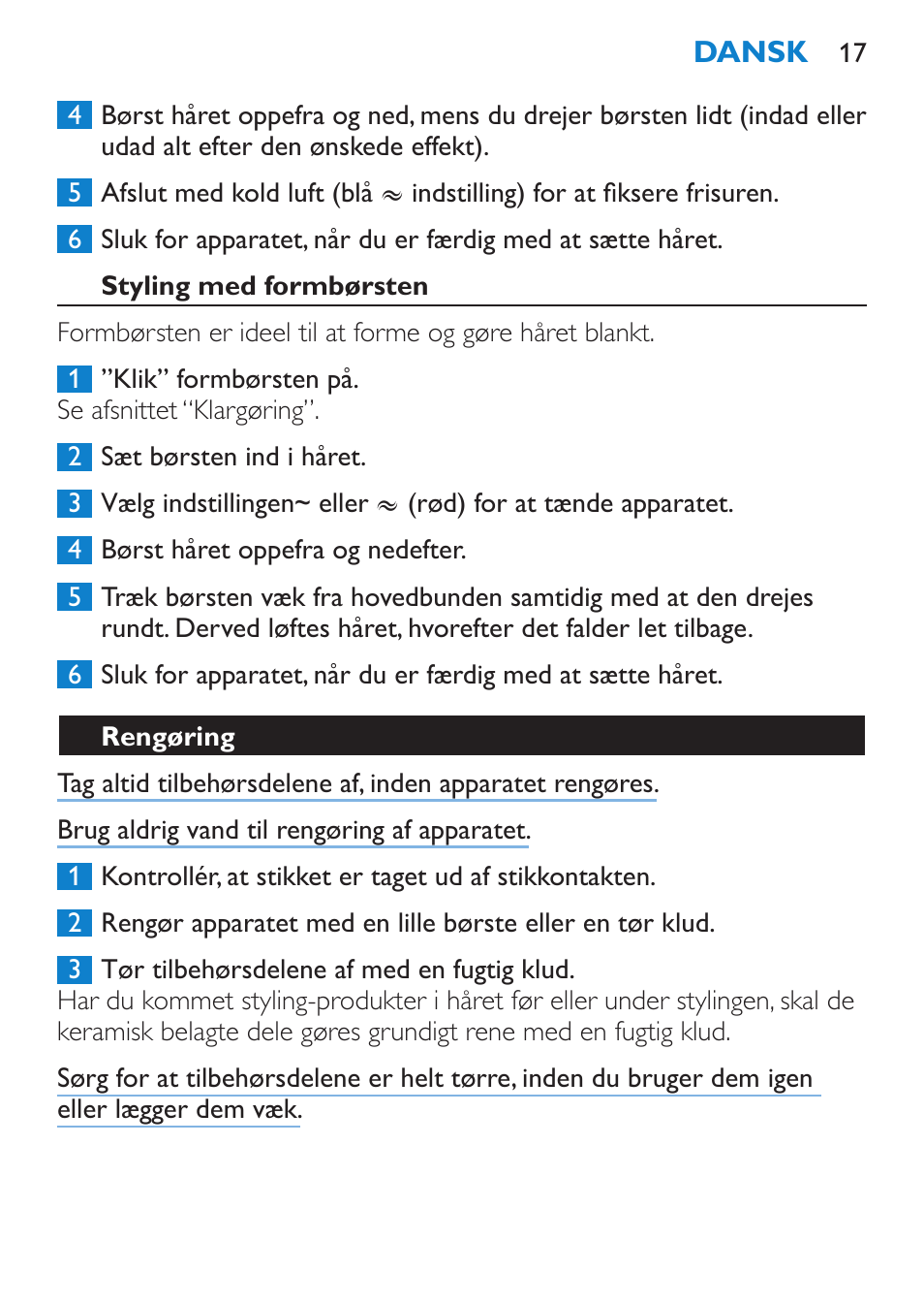 Styling med formbørsten, Rengøring | Philips Brosse soufflante User Manual | Page 17 / 108