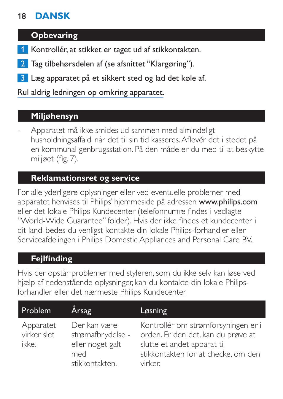 Opbevaring, Miljøhensyn, Reklamationsret og service | Fejlfinding | Philips Brosse soufflante User Manual | Page 18 / 108