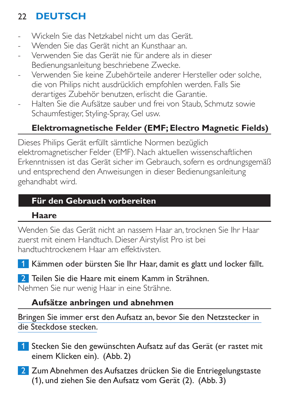 Für den gebrauch vorbereiten, Haare, Aufsätze anbringen und abnehmen | Philips Brosse soufflante User Manual | Page 22 / 108