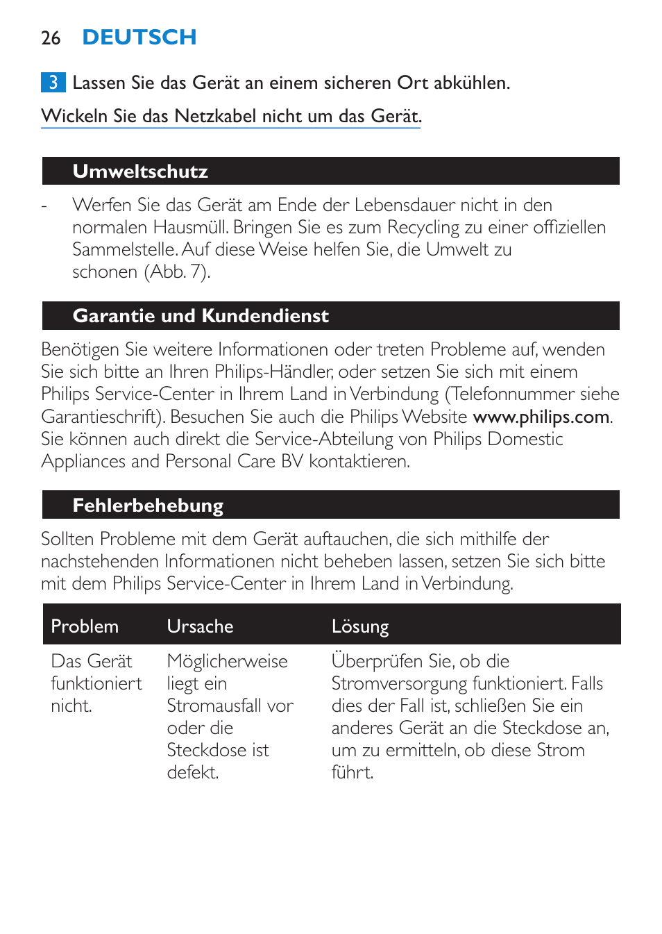 Umweltschutz, Garantie und kundendienst, Fehlerbehebung | Philips Brosse soufflante User Manual | Page 26 / 108