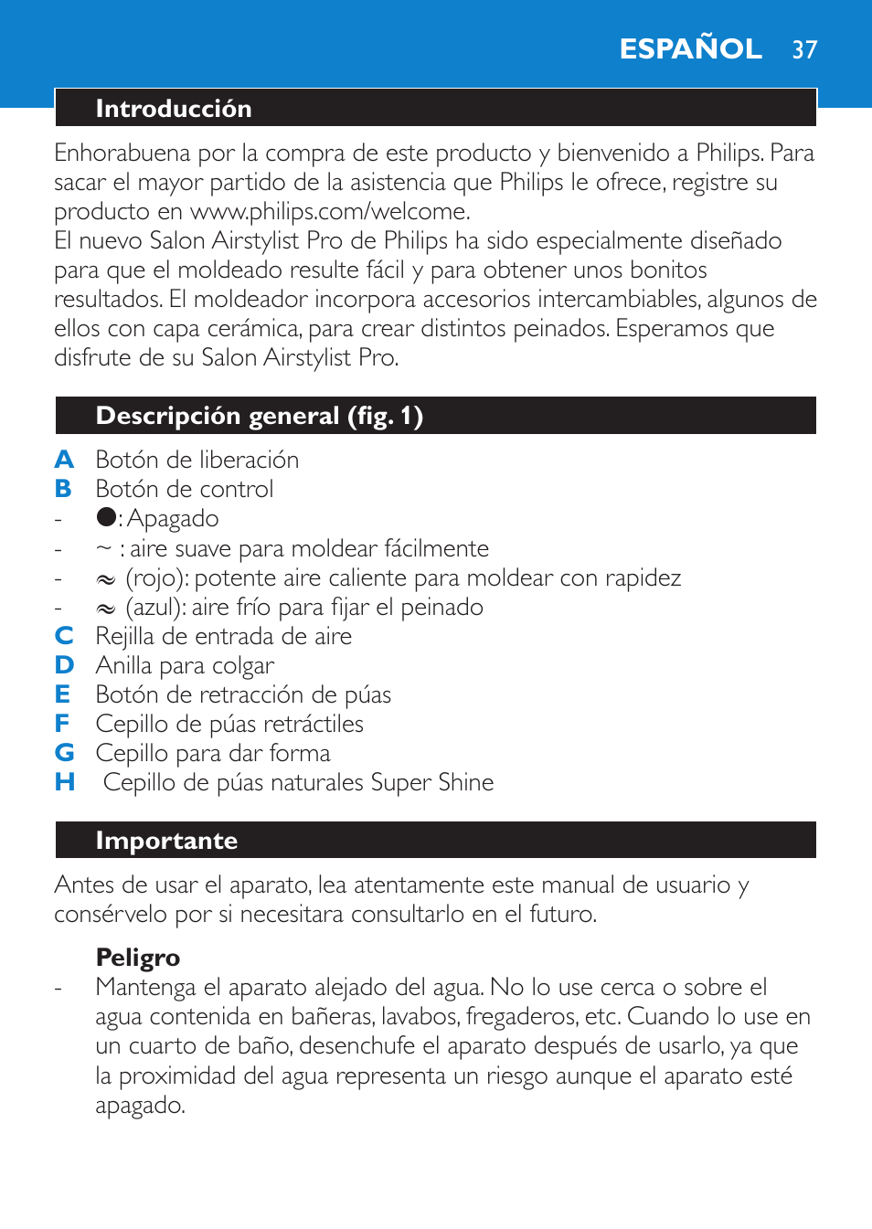 Peligro, Español, Introducción | Descripción general (fig. 1), Importante | Philips Brosse soufflante User Manual | Page 37 / 108