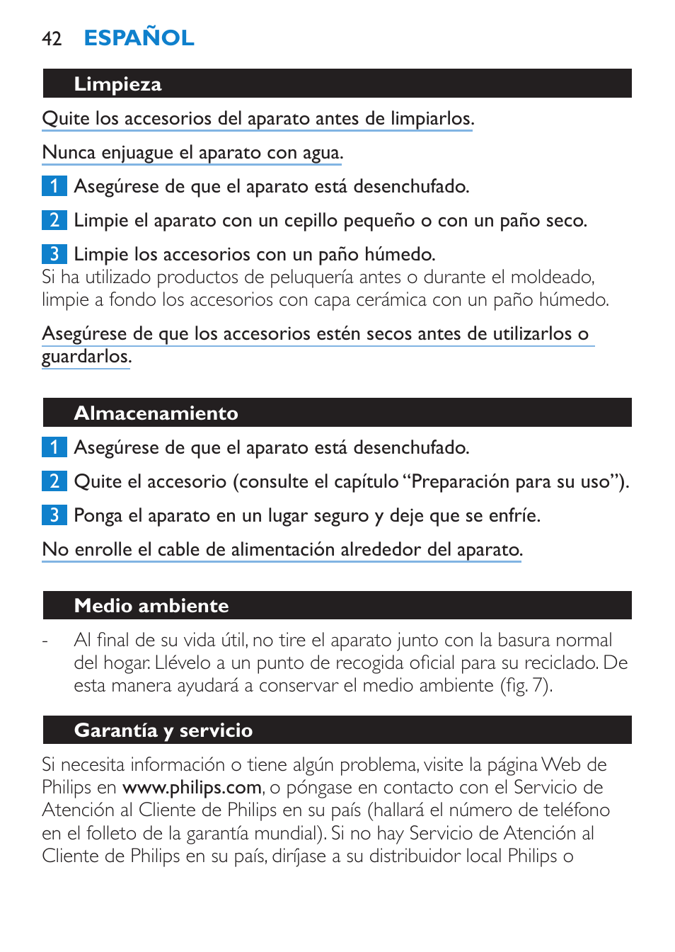 Almacenamiento, Medio ambiente, Garantía y servicio | Philips Brosse soufflante User Manual | Page 42 / 108