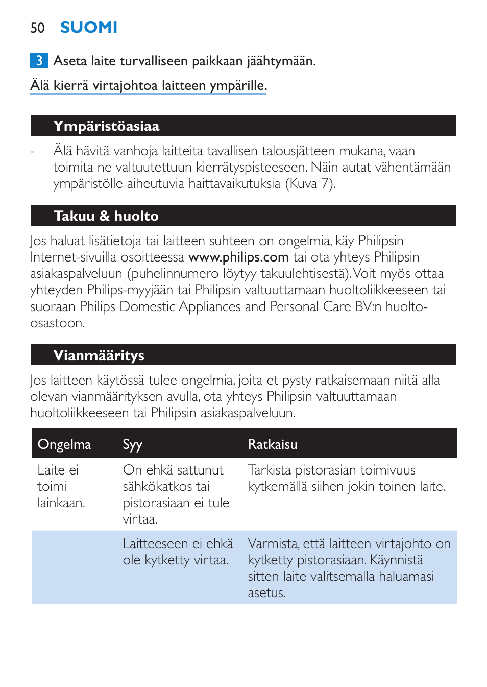 Ympäristöasiaa, Takuu & huolto, Vianmääritys | Philips Brosse soufflante User Manual | Page 50 / 108