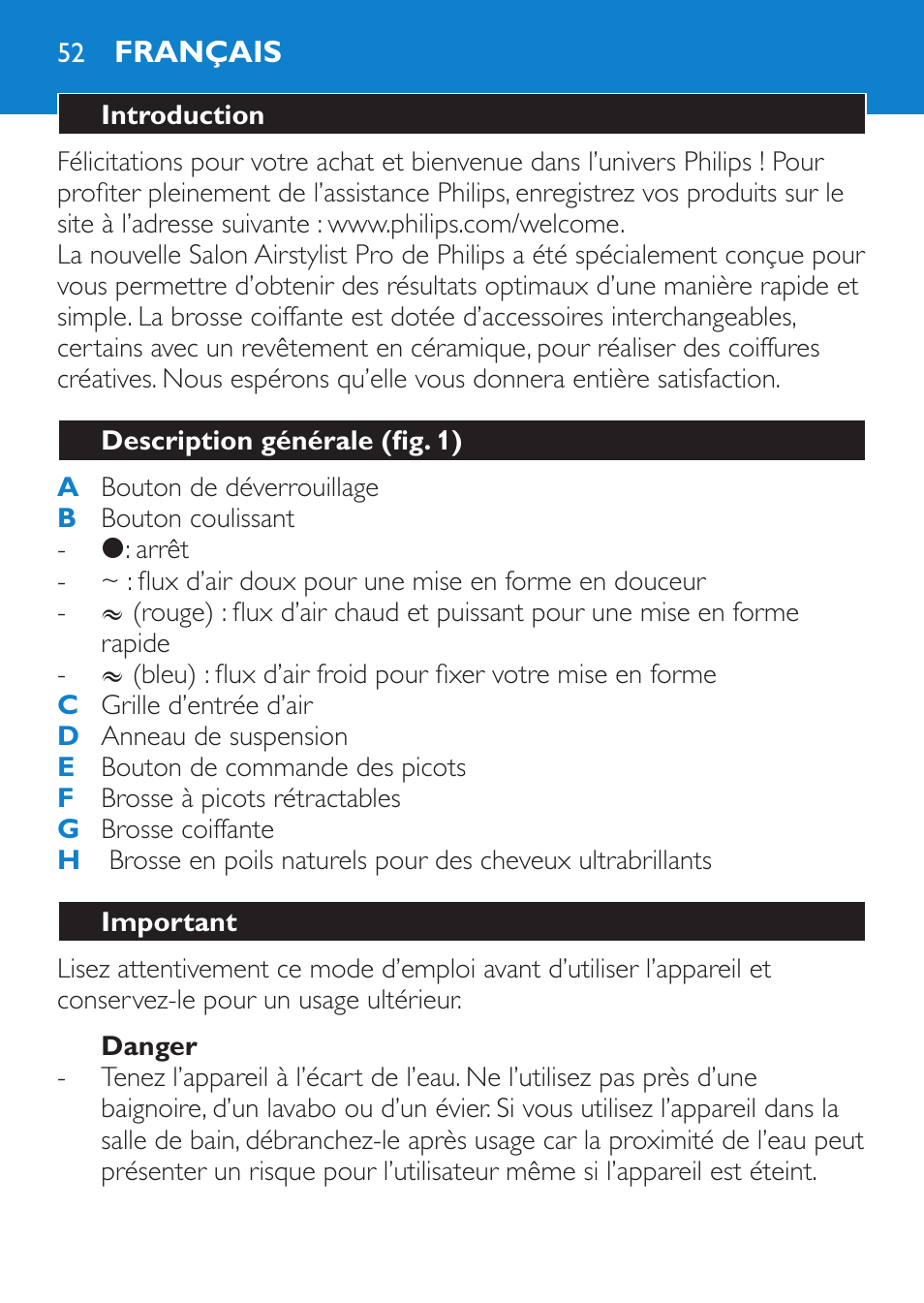 Danger, Français, Introduction | Description générale (fig. 1), Important | Philips Brosse soufflante User Manual | Page 52 / 108