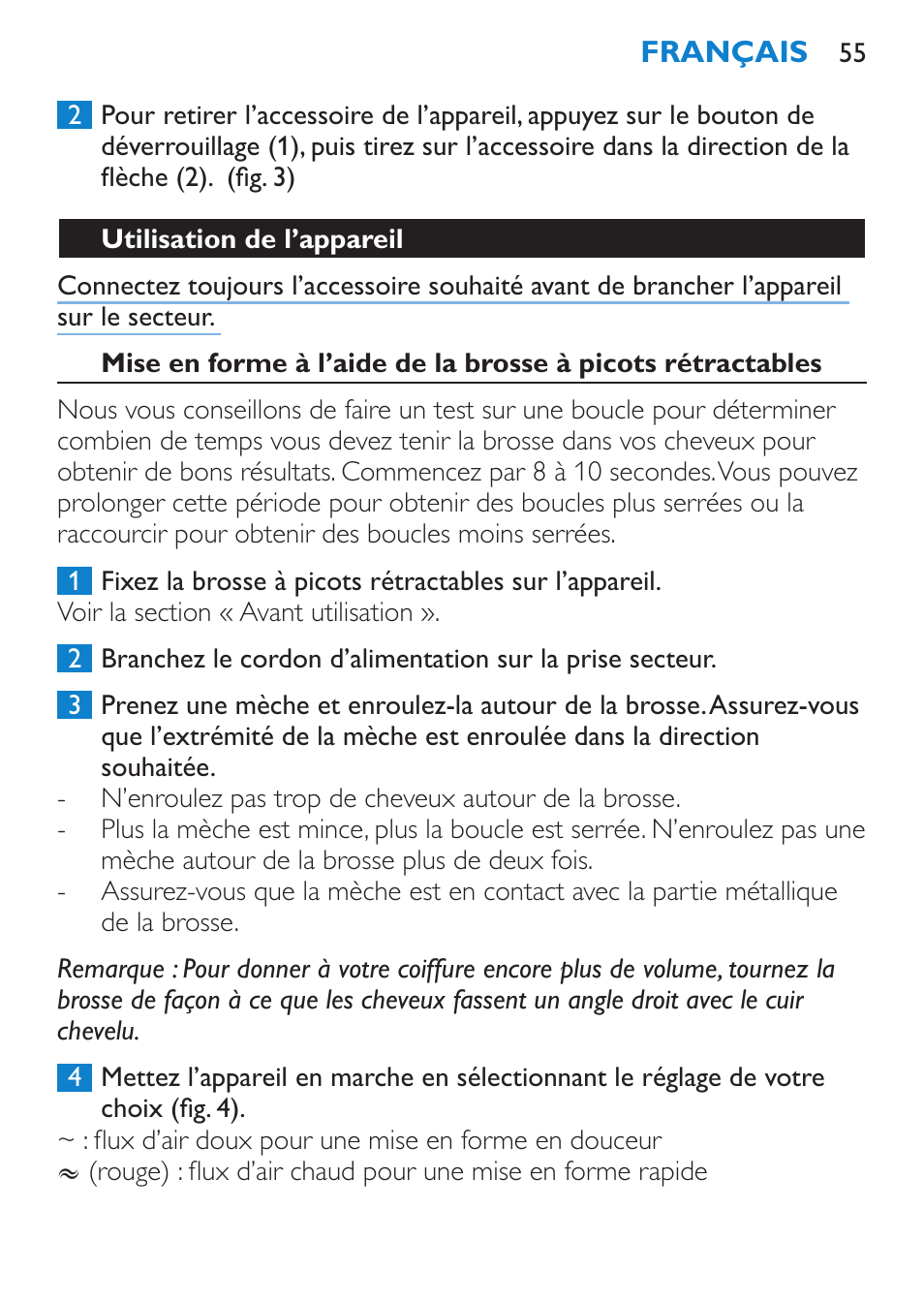 Utilisation de l’appareil | Philips Brosse soufflante User Manual | Page 55 / 108