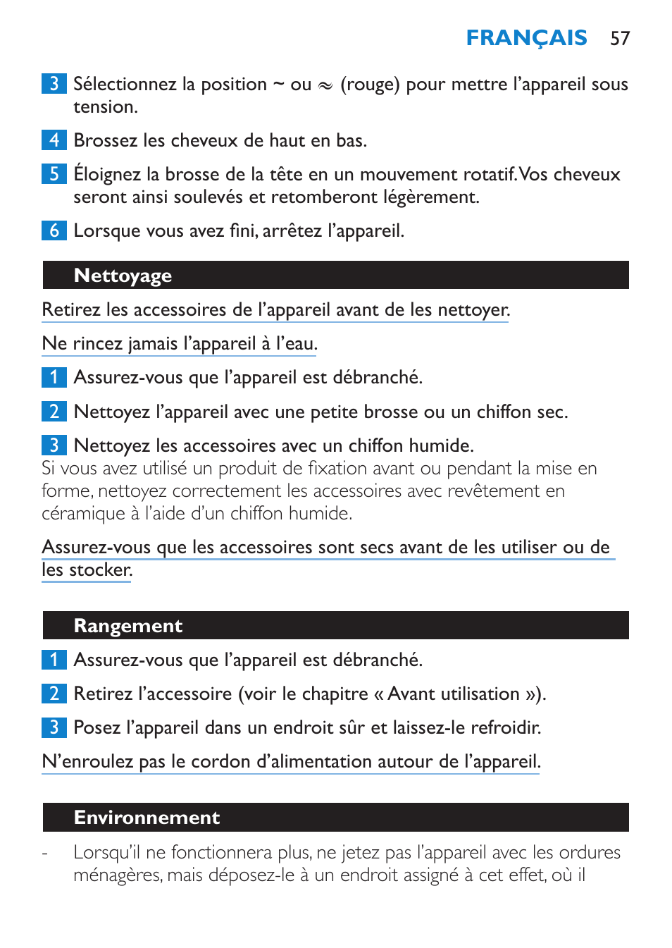 Nettoyage, Rangement, Environnement | Philips Brosse soufflante User Manual | Page 57 / 108