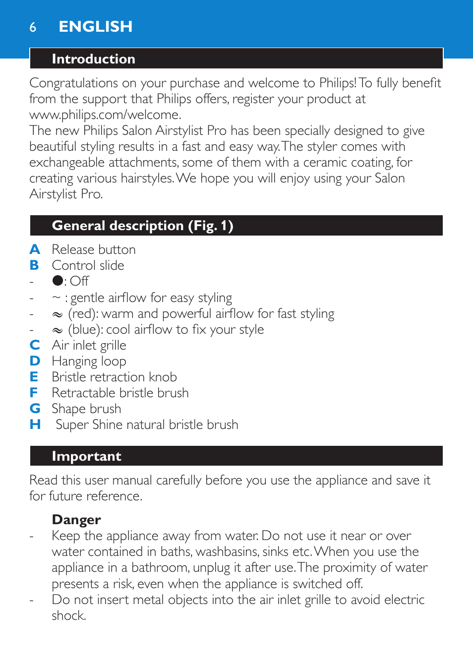 English, Introduction, General description (fig. 1) | Important, Danger | Philips Brosse soufflante User Manual | Page 6 / 108