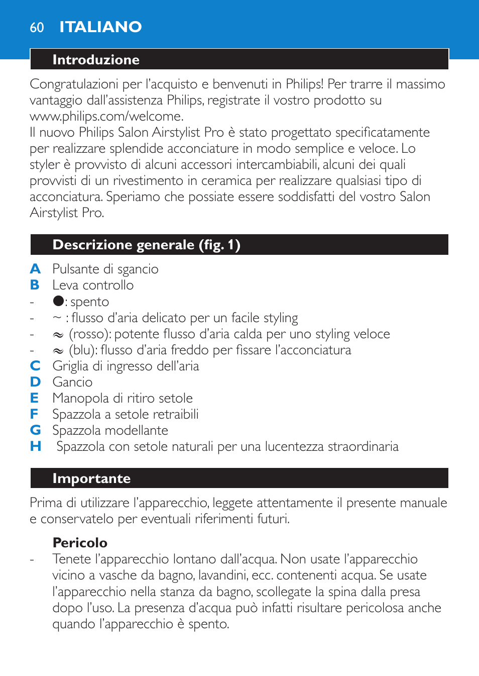 Pericolo, Italiano, Introduzione | Descrizione generale (fig. 1), Importante | Philips Brosse soufflante User Manual | Page 60 / 108