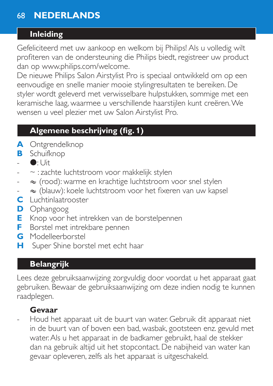 Gevaar, Nederlands, Inleiding | Algemene beschrijving (fig. 1), Belangrijk | Philips Brosse soufflante User Manual | Page 68 / 108