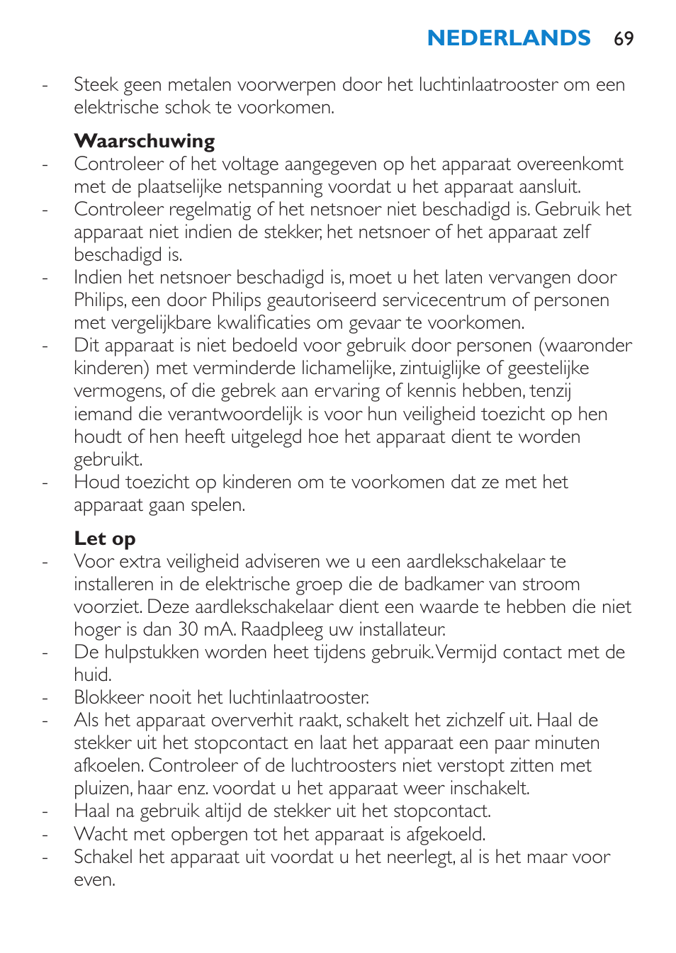 Waarschuwing, Let op | Philips Brosse soufflante User Manual | Page 69 / 108