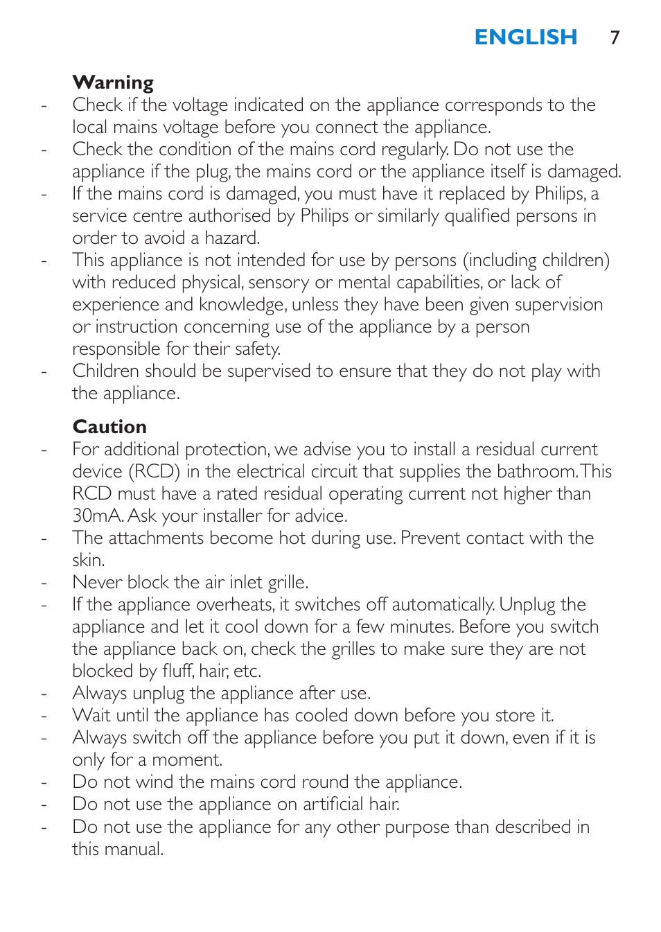 Warning, Caution | Philips Brosse soufflante User Manual | Page 7 / 108