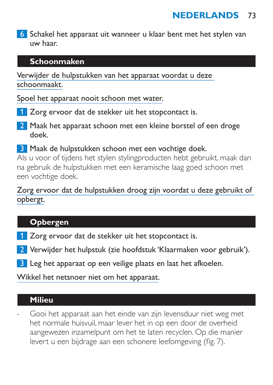 Schoonmaken, Opbergen, Milieu | Philips Brosse soufflante User Manual | Page 73 / 108