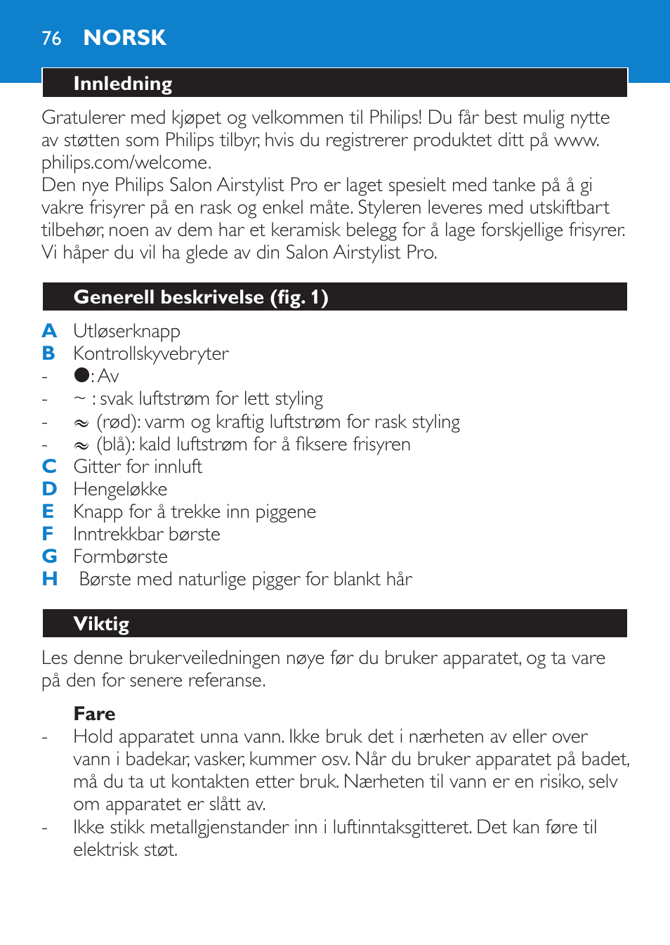 Fare, Norsk, Innledning | Generell beskrivelse (fig. 1), Viktig | Philips Brosse soufflante User Manual | Page 76 / 108