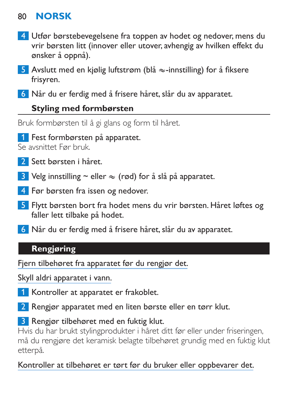 Styling med formbørsten, Rengjøring | Philips Brosse soufflante User Manual | Page 80 / 108