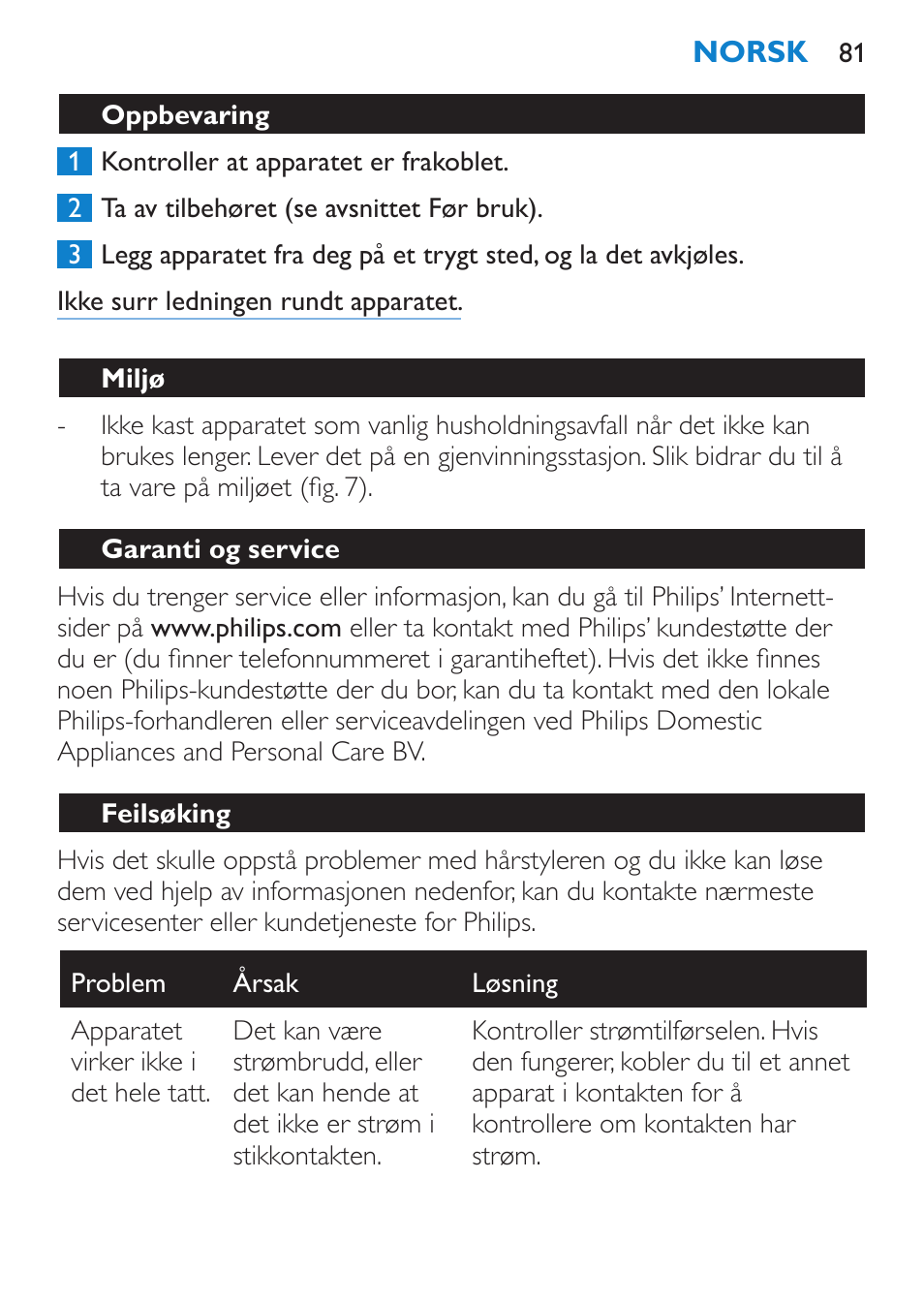 Oppbevaring, Miljø, Garanti og service | Feilsøking | Philips Brosse soufflante User Manual | Page 81 / 108