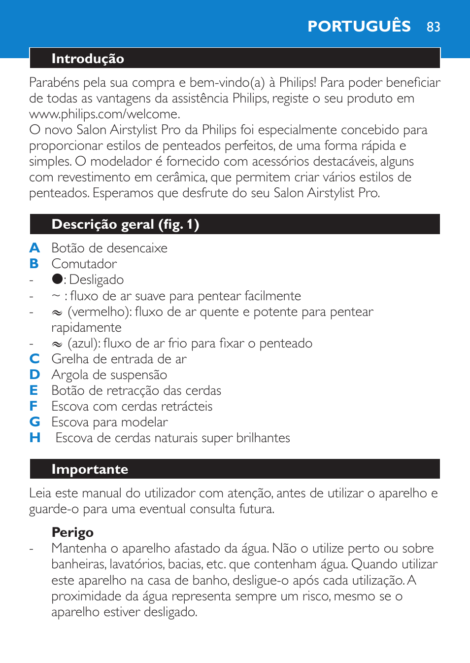 Perigo, Português, Introdução | Descrição geral (fig. 1), Importante | Philips Brosse soufflante User Manual | Page 83 / 108