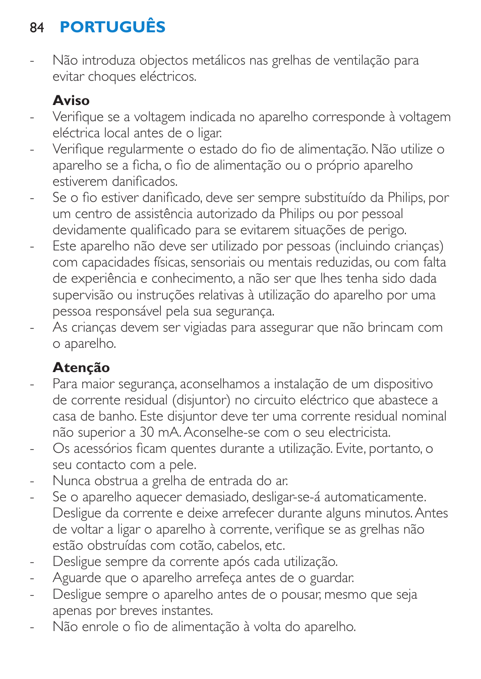 Aviso, Atenção | Philips Brosse soufflante User Manual | Page 84 / 108