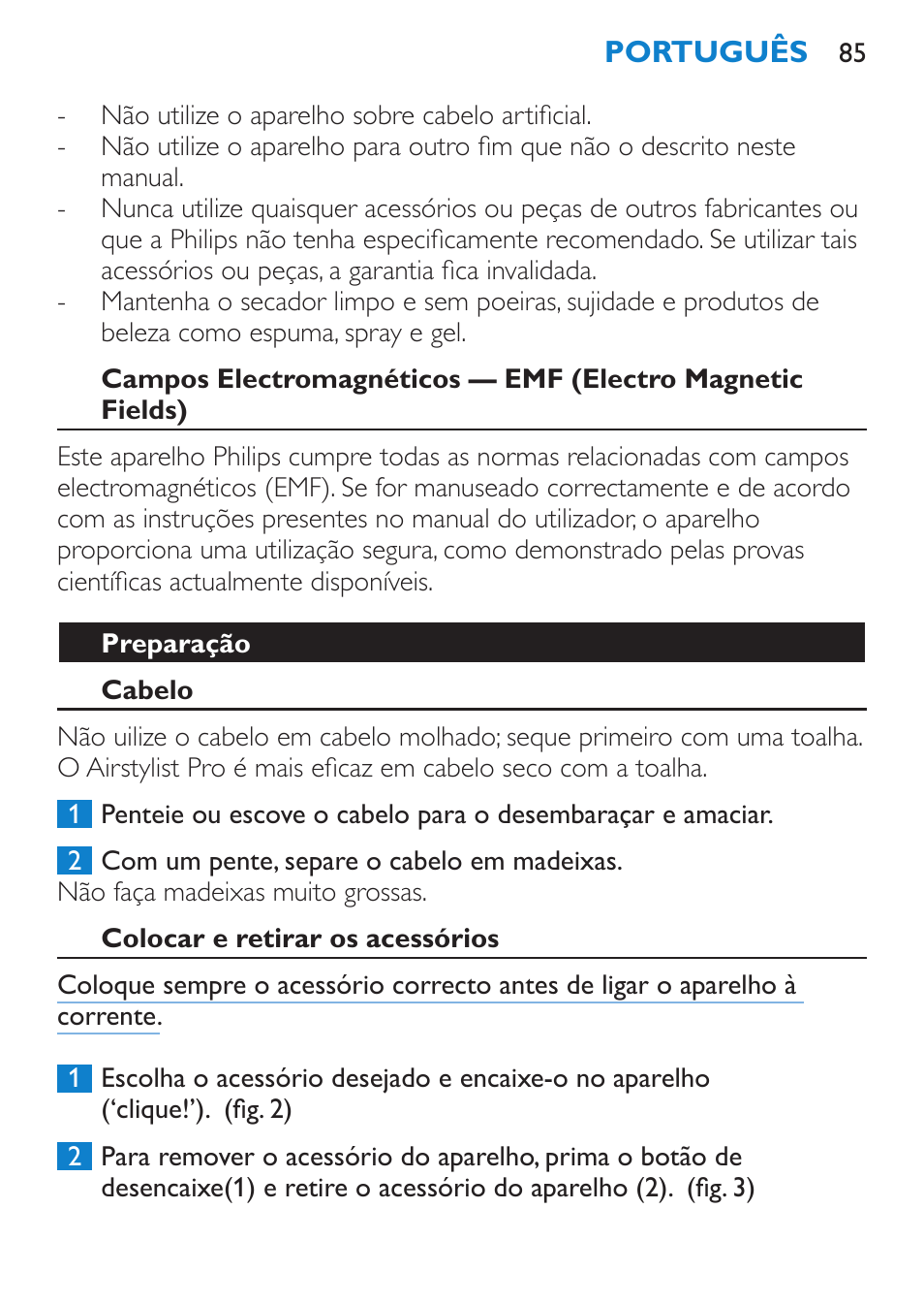 Preparação, Cabelo, Colocar e retirar os acessórios | Philips Brosse soufflante User Manual | Page 85 / 108