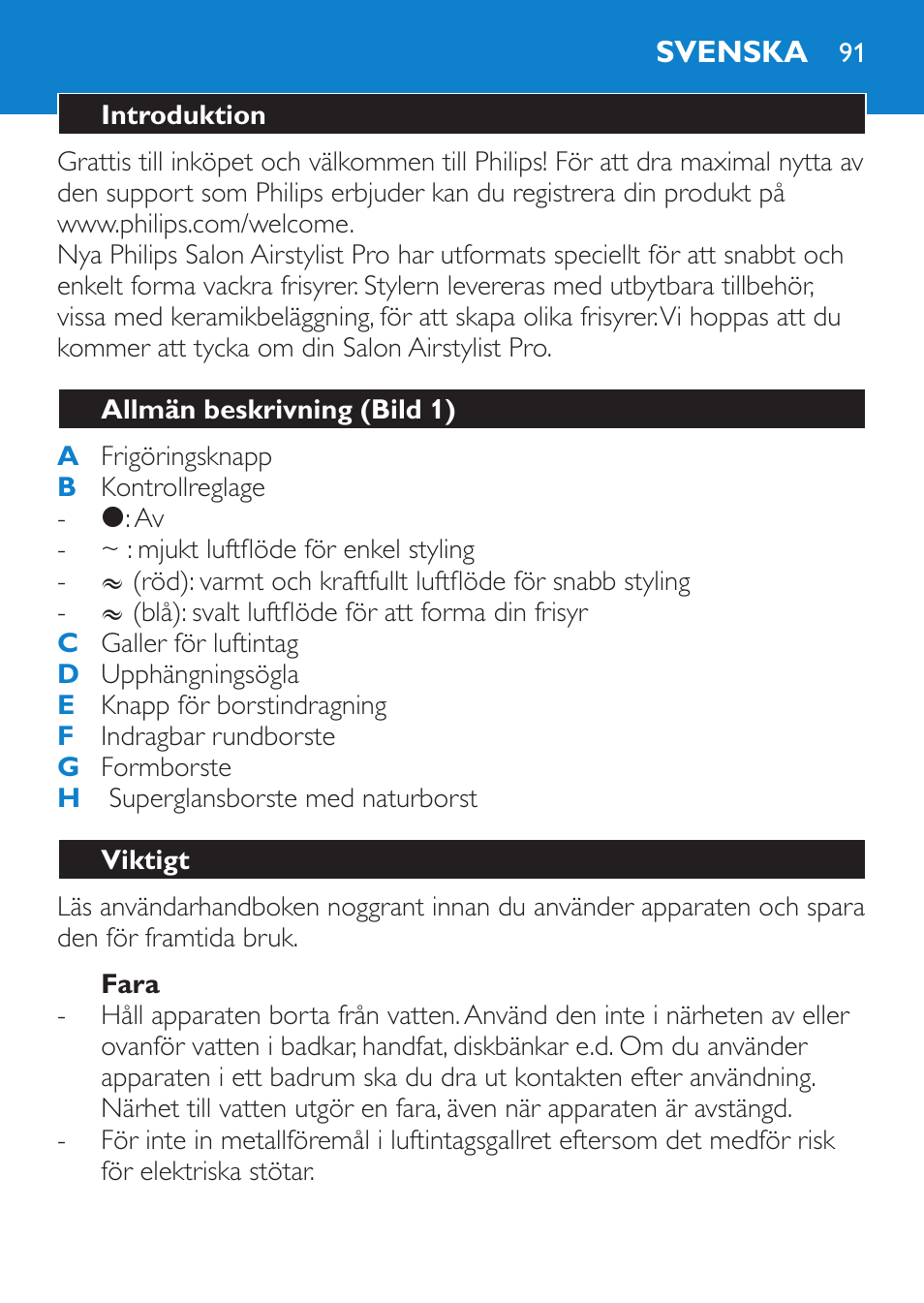 Fara, Svenska, Introduktion | Allmän beskrivning (bild 1), Viktigt | Philips Brosse soufflante User Manual | Page 91 / 108