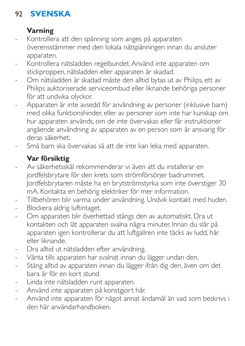 Varning, Var försiktig | Philips Brosse soufflante User Manual | Page 92 / 108