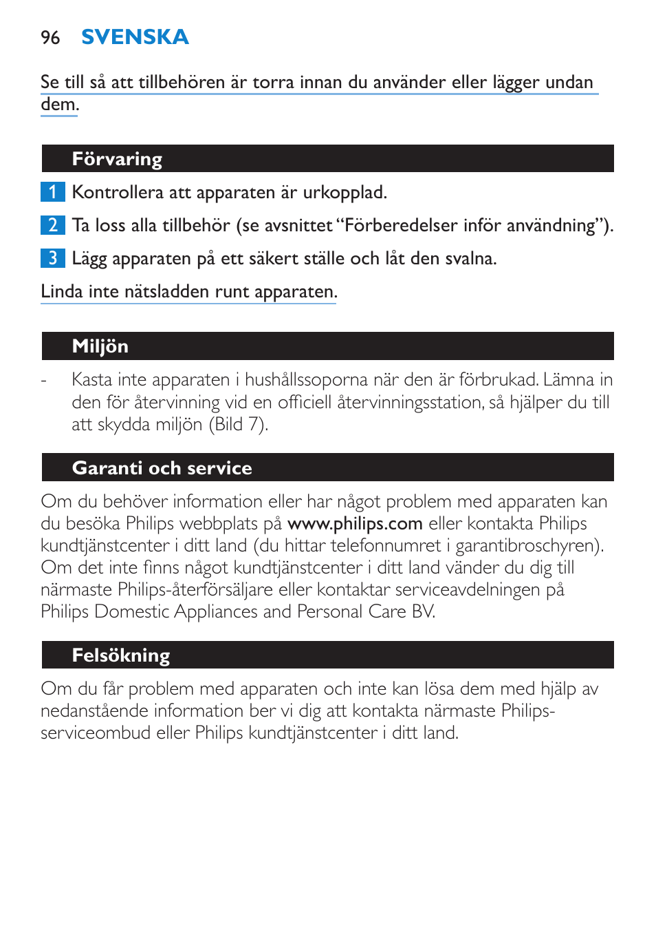 Förvaring, Miljön, Garanti och service | Felsökning | Philips Brosse soufflante User Manual | Page 96 / 108