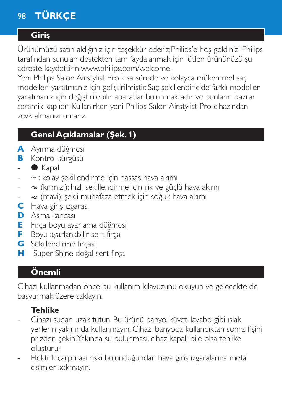 Tehlike, Türkçe, Giriş | Genel açıklamalar (şek. 1), Önemli | Philips Brosse soufflante User Manual | Page 98 / 108