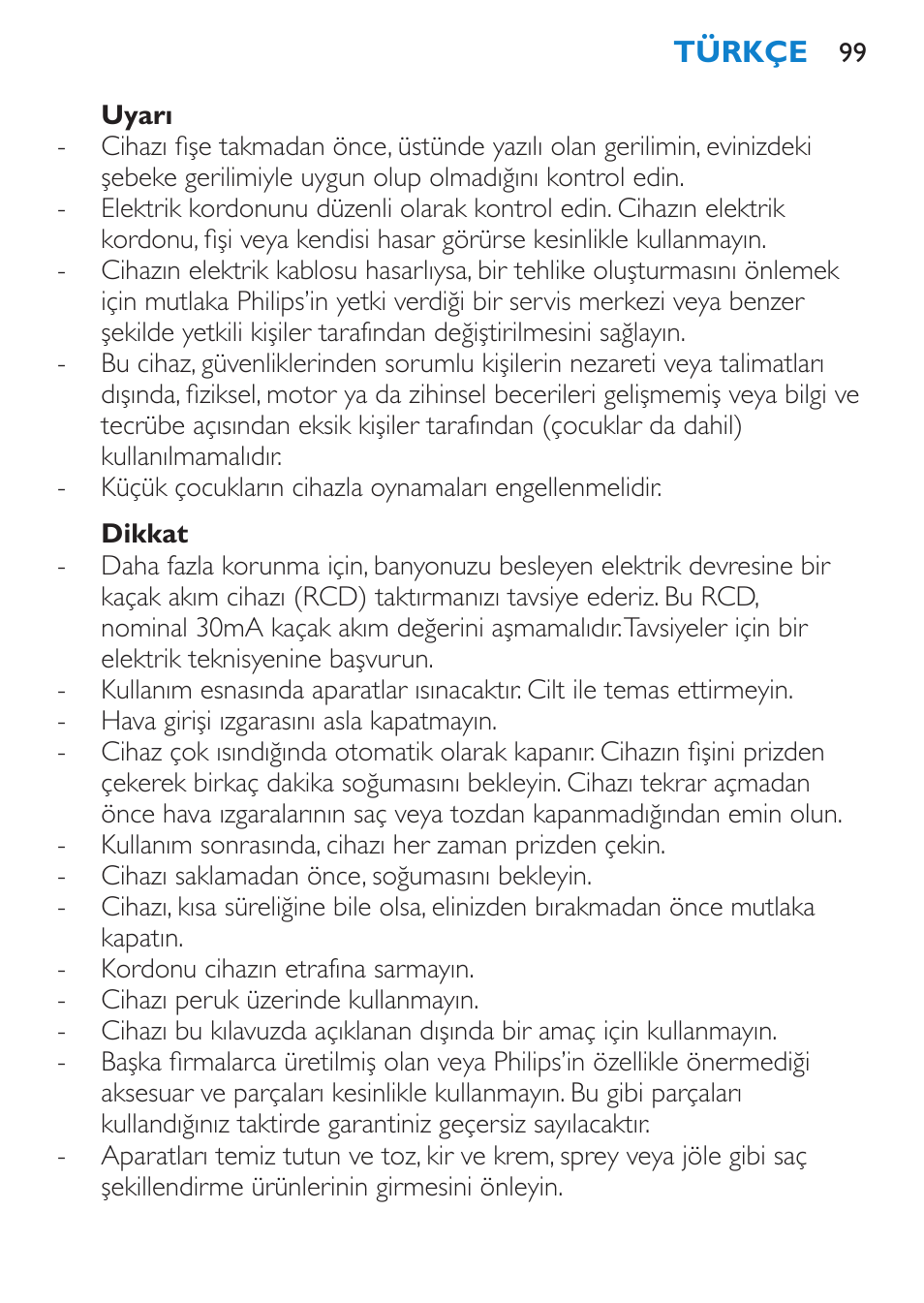 Uyarı, Dikkat | Philips Brosse soufflante User Manual | Page 99 / 108