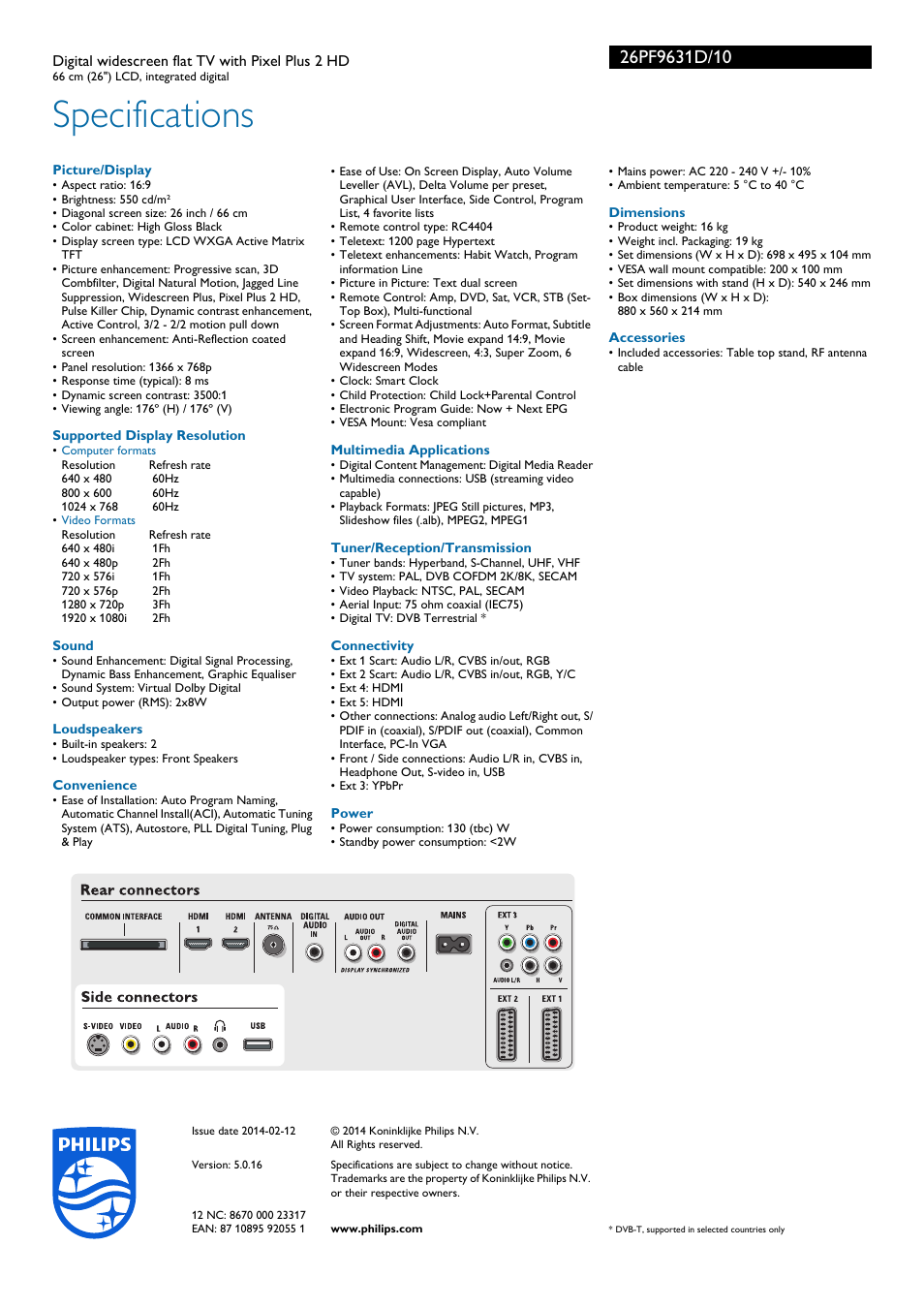 Specifications | Philips Cineos Téléviseur numérique à écran large User Manual | Page 3 / 3