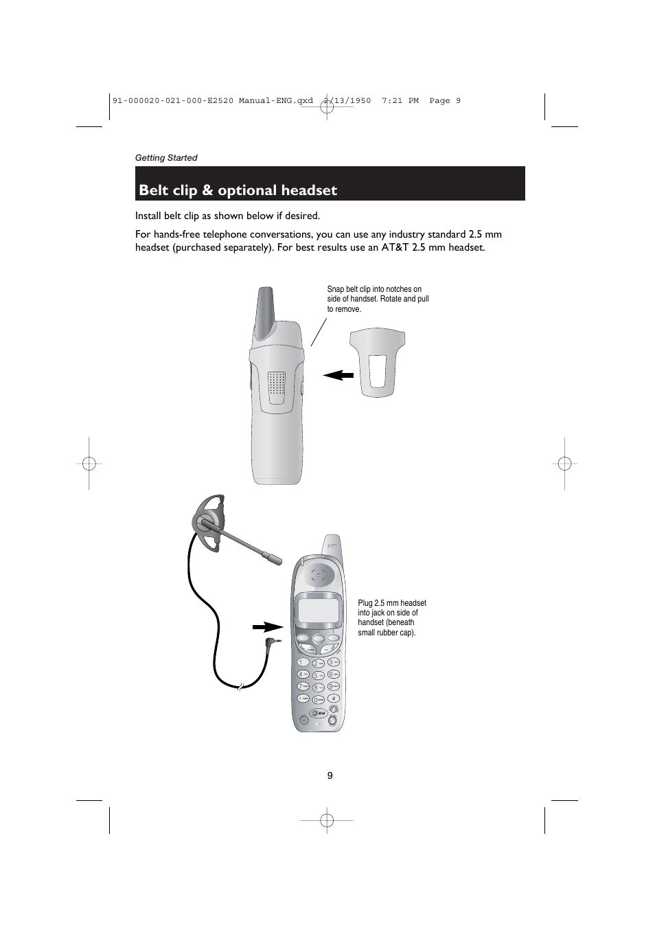 Belt clip & optional headset | AT&T E2520 User Manual | Page 11 / 35