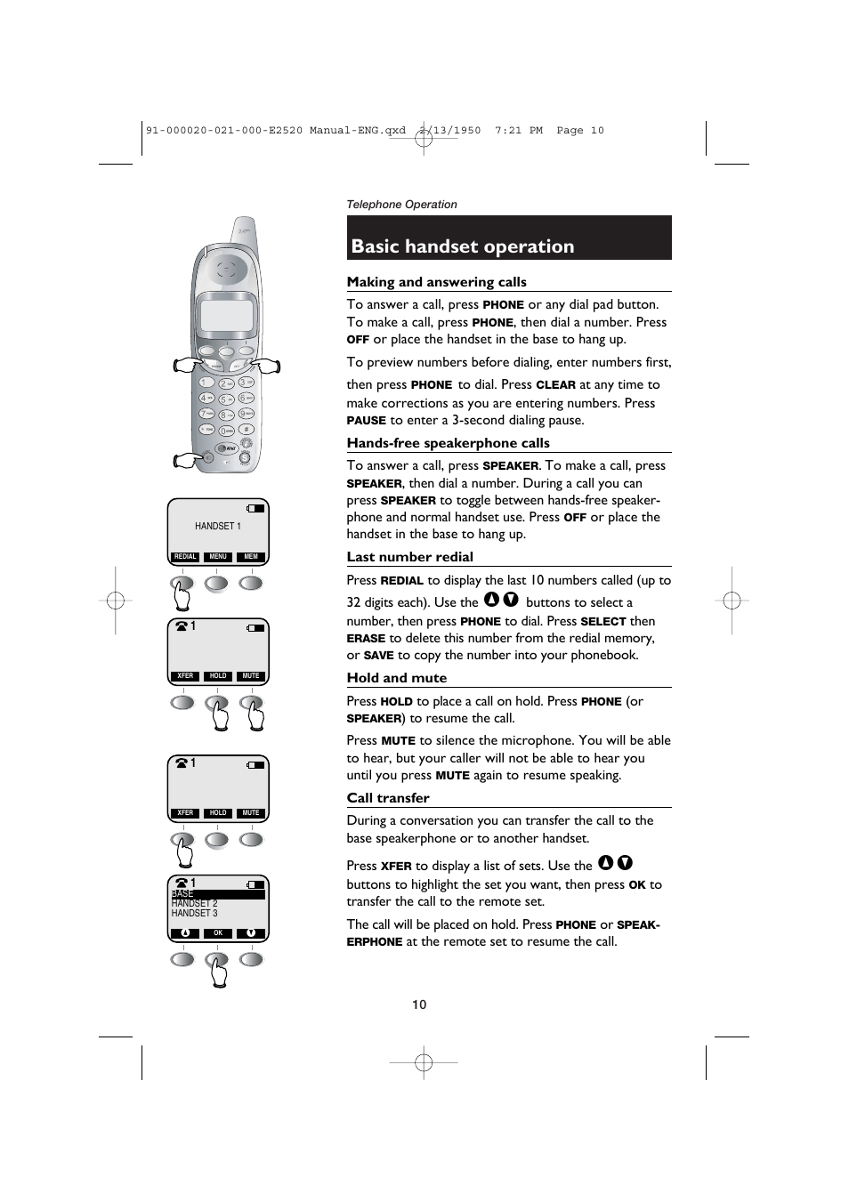 Telephone operation, Basic handset operation, Making and answering calls | Hands-free speakerphone calls, Last number redial, Hold and mute, Call transfer | AT&T E2520 User Manual | Page 12 / 35