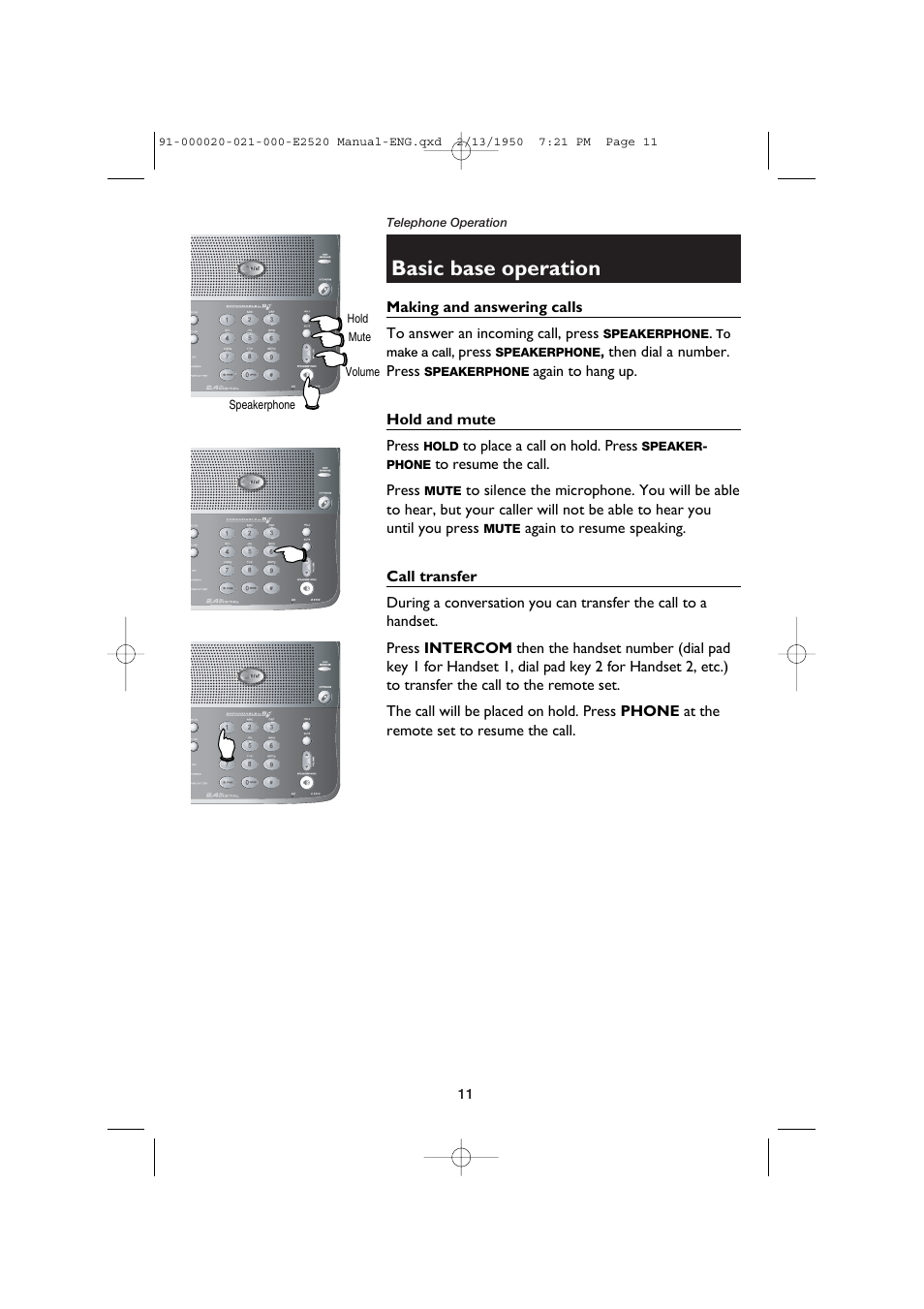 Basic base operation, Making and answering calls, Hold and mute | Call transfer | AT&T E2520 User Manual | Page 13 / 35