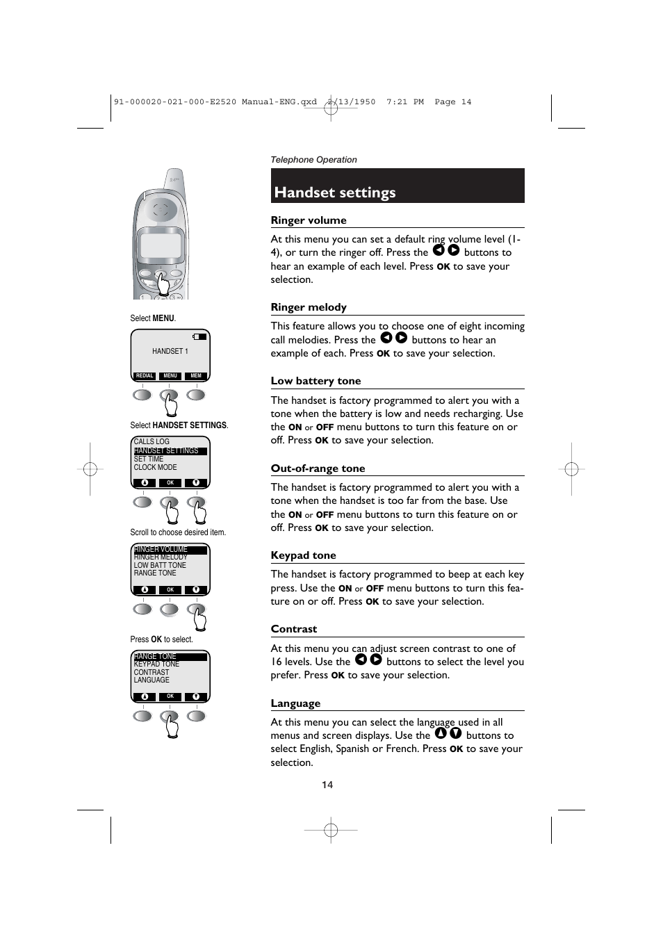 Handset settings, Ringer volume, Ringer melody | Low battery tone, Out-of-range tone, Keypad tone, Contrast, Language | AT&T E2520 User Manual | Page 16 / 35