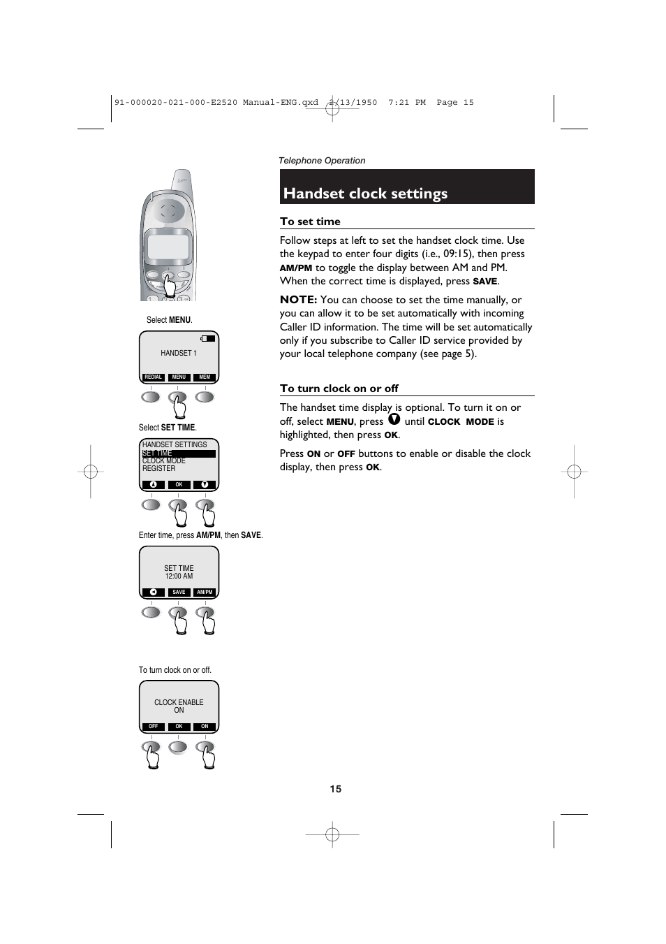 Handset clock settings, To set time, To turn clock on or off | AT&T E2520 User Manual | Page 17 / 35
