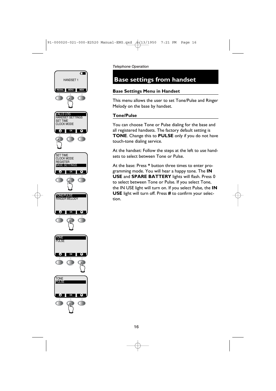 Base settings from handset, Tone/pulse | AT&T E2520 User Manual | Page 18 / 35