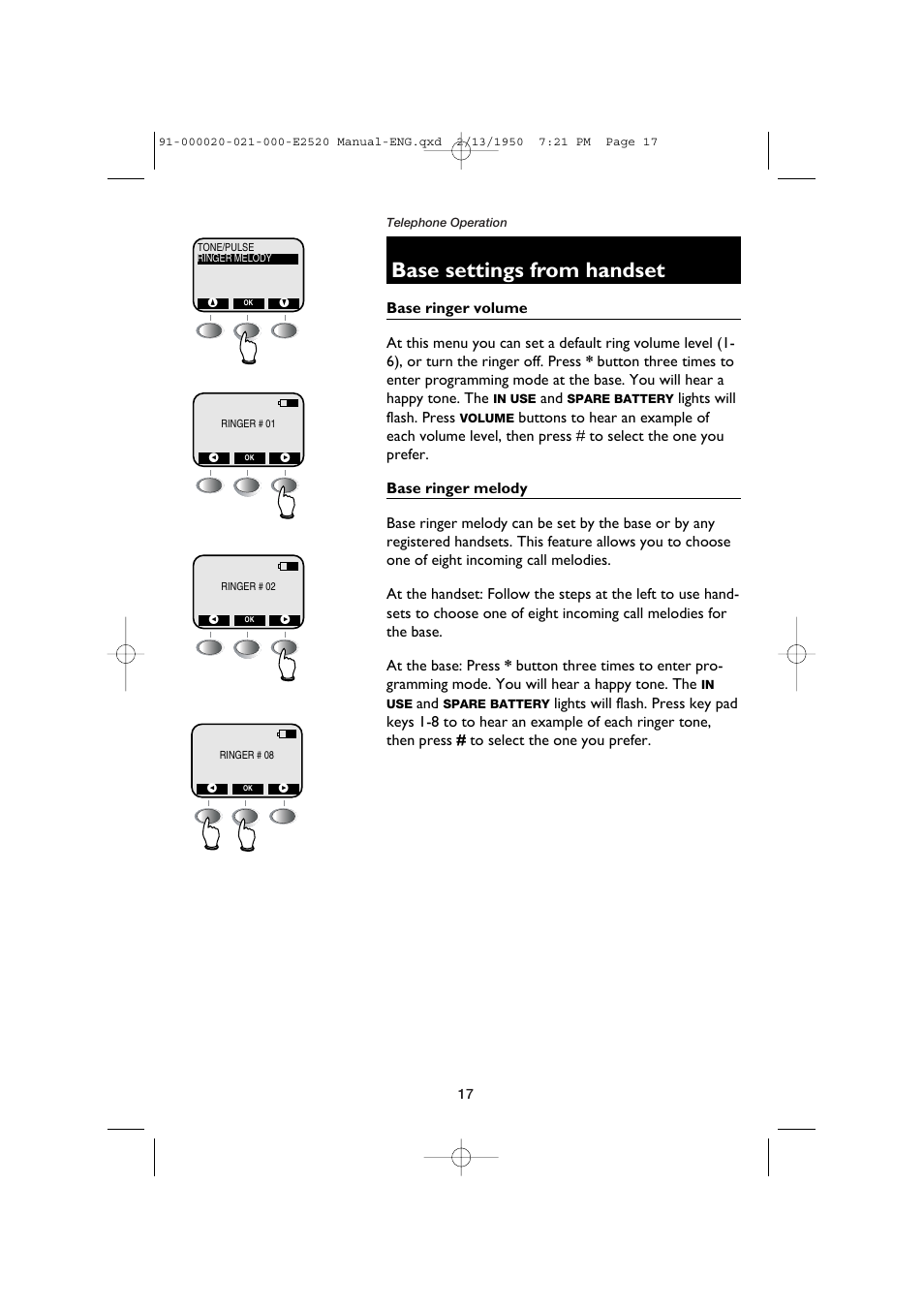 Base ringer volume, Base ringer melody, Base settings from handset | AT&T E2520 User Manual | Page 19 / 35