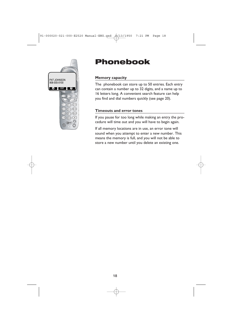 Phonebook, Memory capacity, Timeouts and error tones | AT&T E2520 User Manual | Page 20 / 35