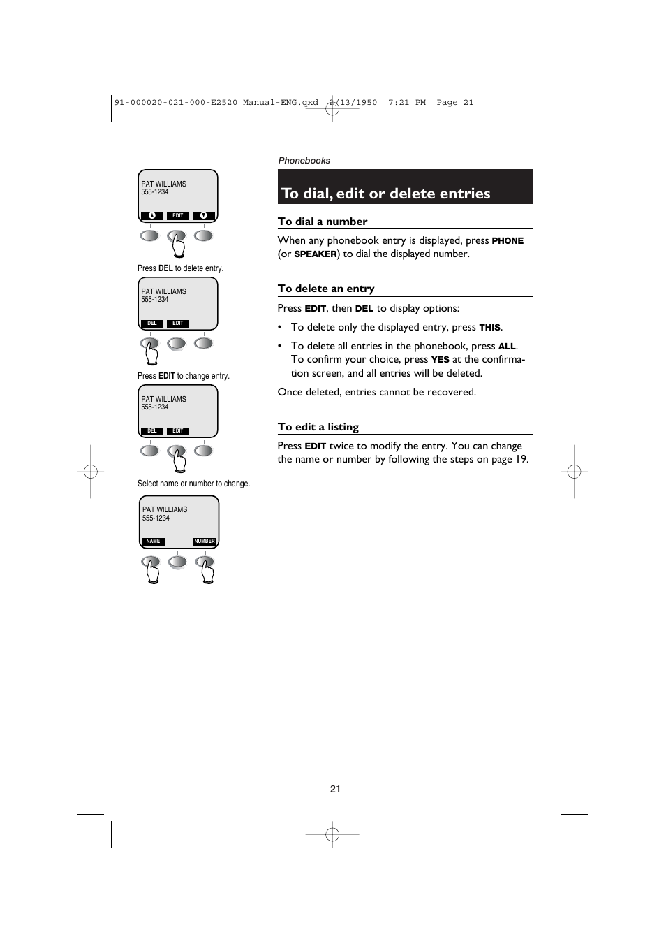 To dial, edit or delete entries, To dial a number, To delete an entry | To edit a listing | AT&T E2520 User Manual | Page 23 / 35