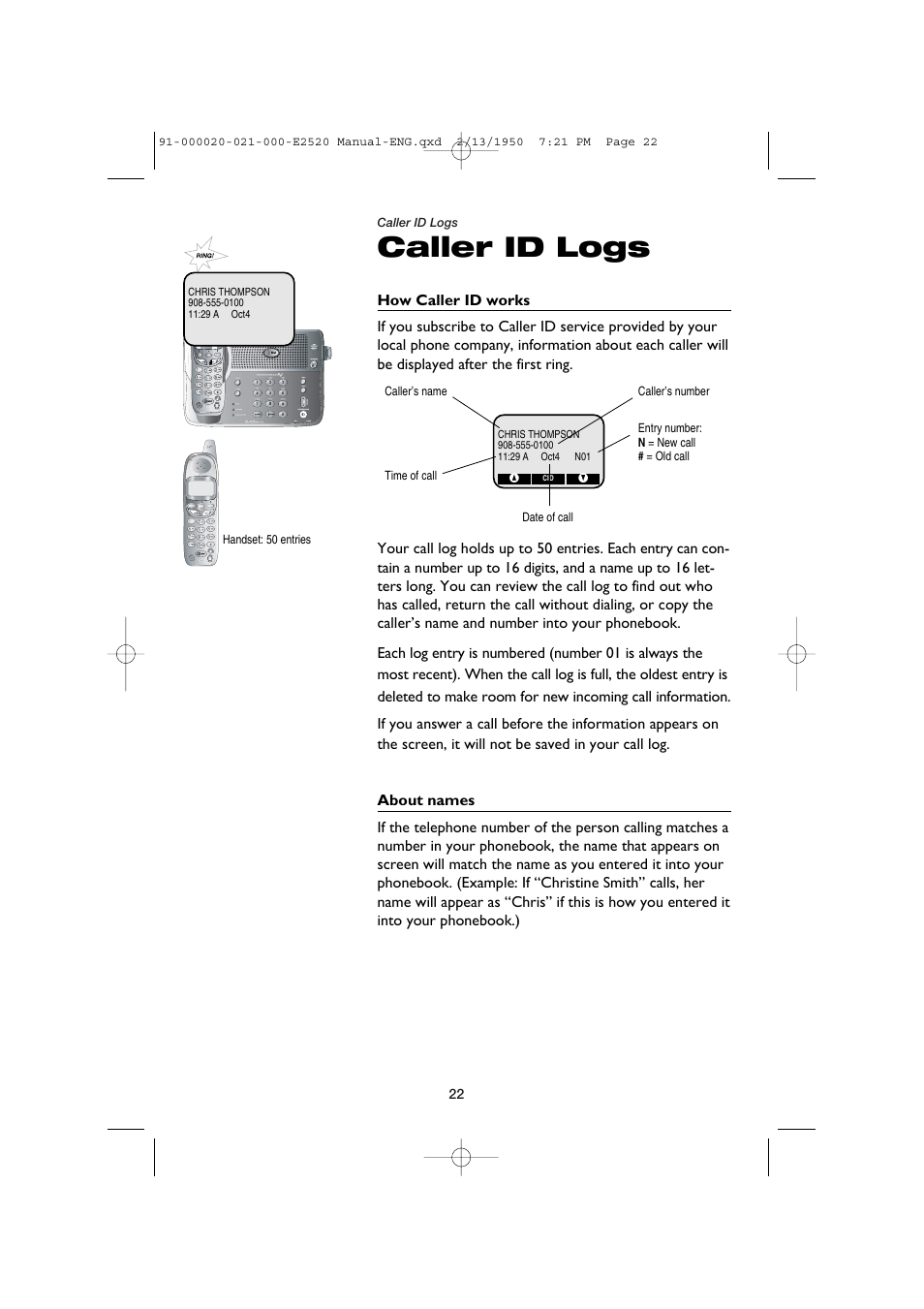 Caller id logs, How caller id works, About names | AT&T E2520 User Manual | Page 24 / 35