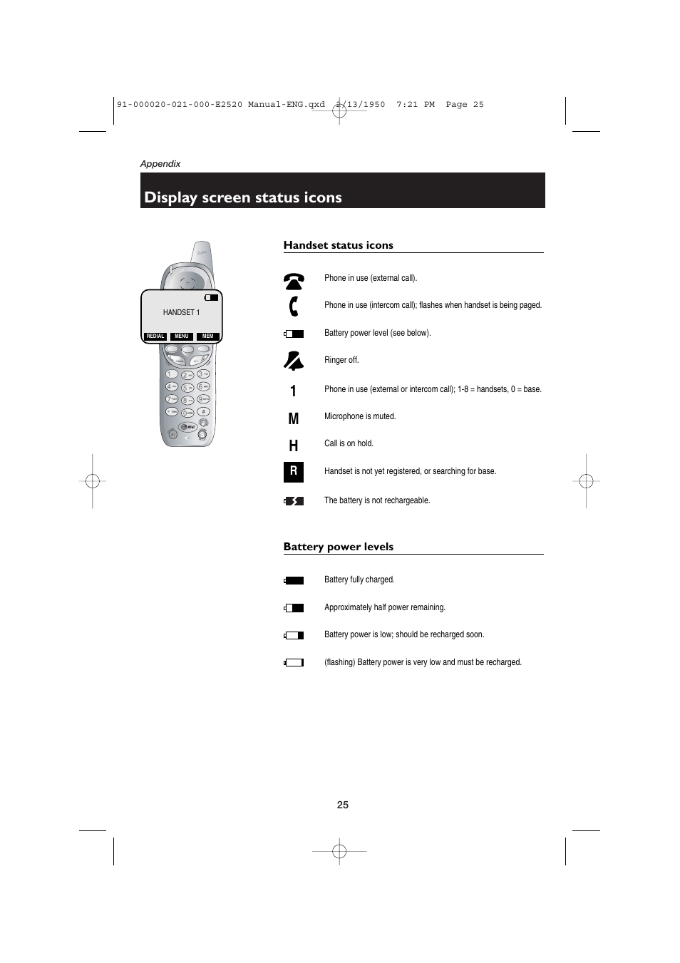Appendix, Display screen status icons, Handset status icons | Battery power levels | AT&T E2520 User Manual | Page 27 / 35