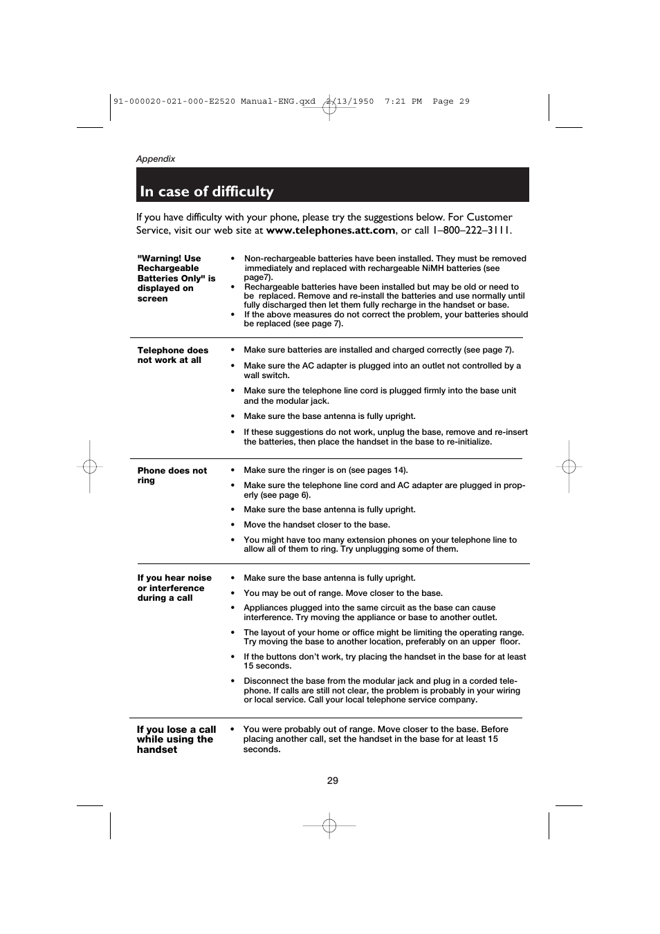 In case of difficulty | AT&T E2520 User Manual | Page 31 / 35