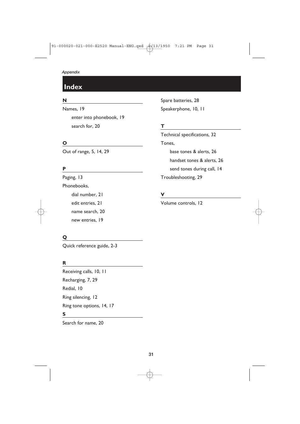 Index | AT&T E2520 User Manual | Page 33 / 35