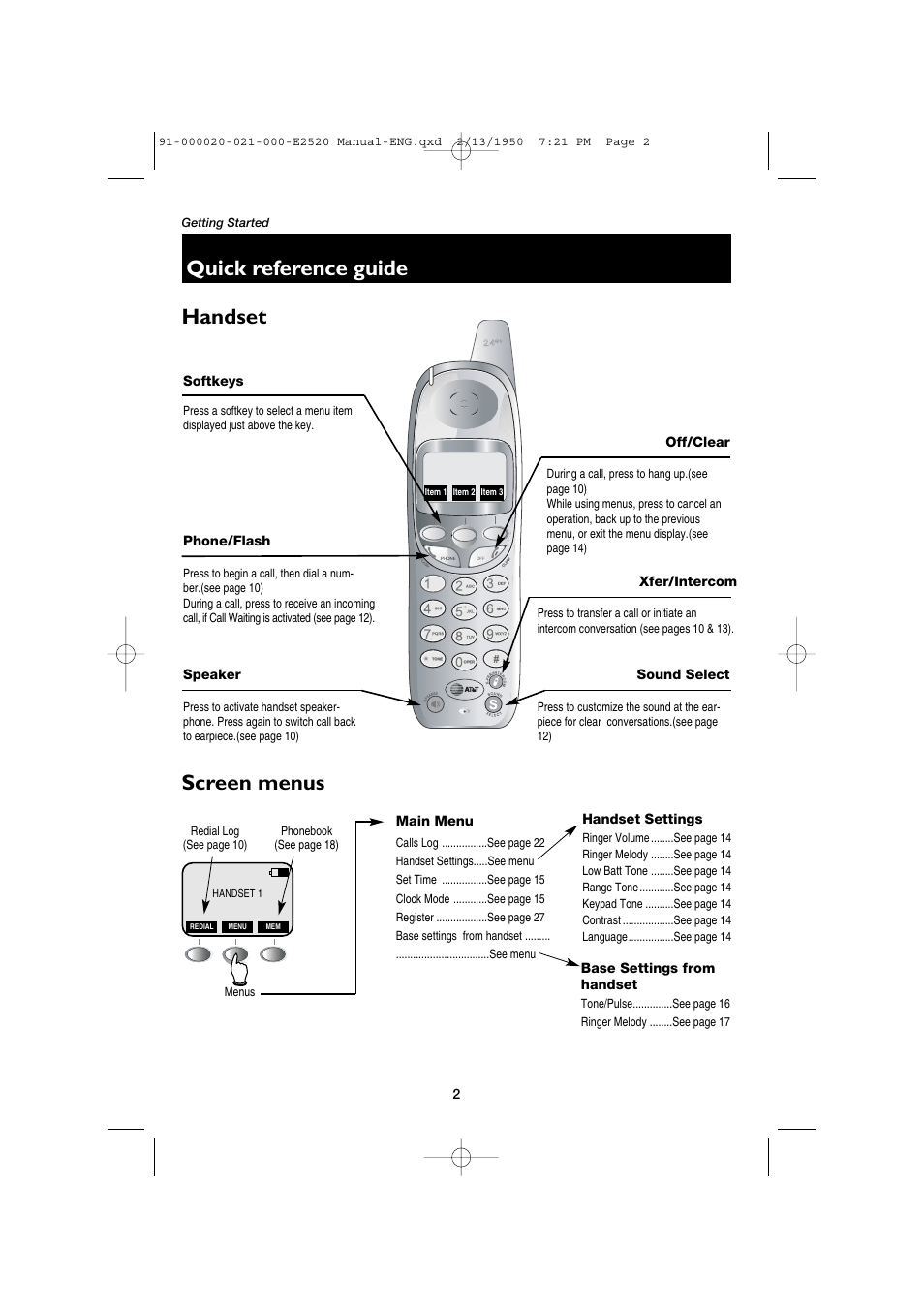 Quick reference guide, Handset, Softkeys | Speaker, Off/clear, Xfer/intercom, Sound select, Screen menus, Main menu, Handset settings | AT&T E2520 User Manual | Page 4 / 35