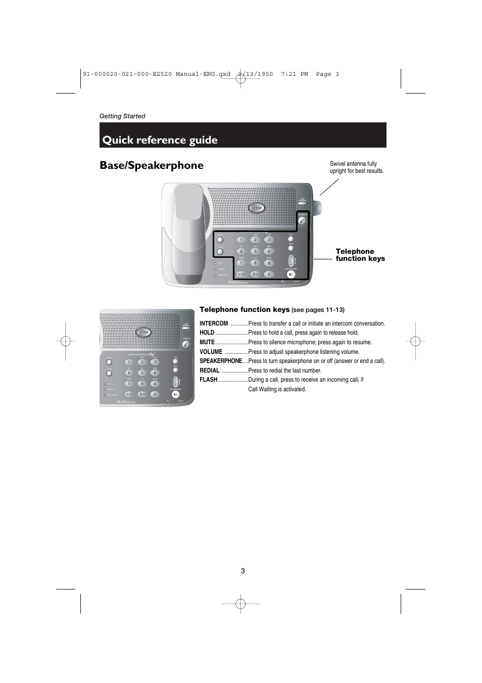 Base/speakerphone, Telephone function keys, Quick reference guide | AT&T E2520 User Manual | Page 5 / 35