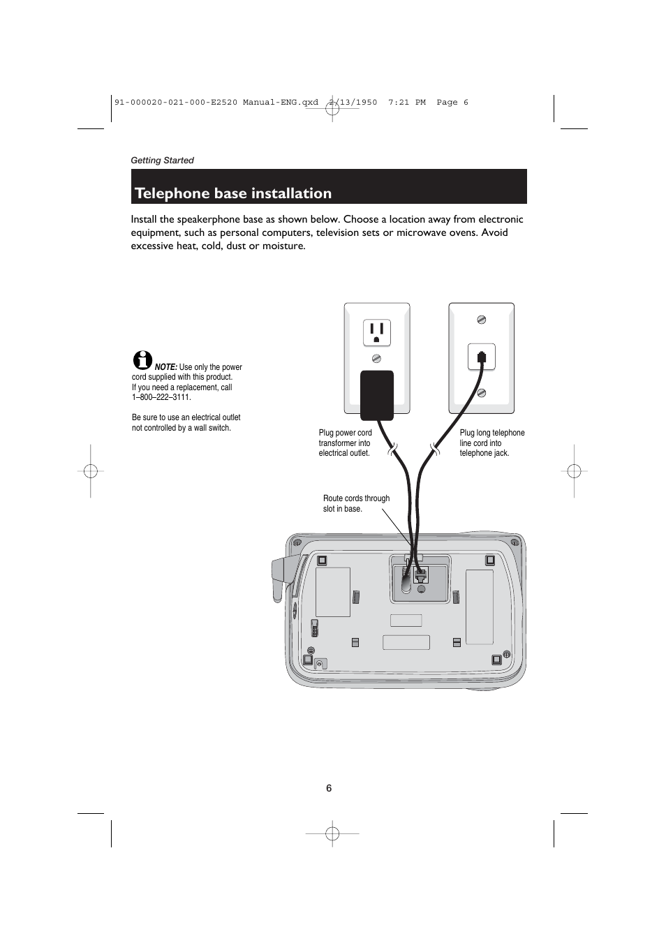 Telephone base installation | AT&T E2520 User Manual | Page 8 / 35