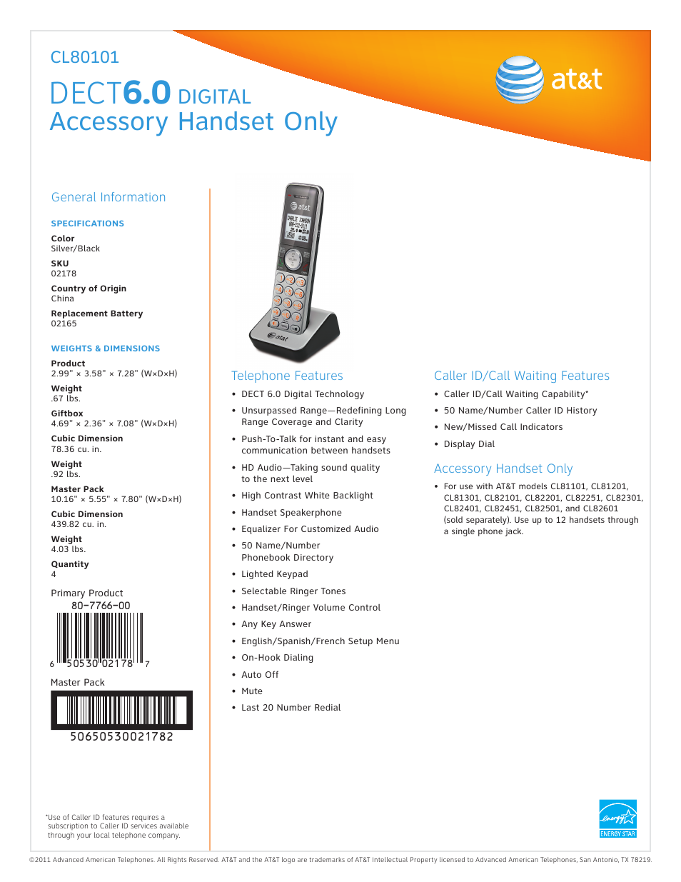 AT&T CL80101 User Manual | 1 page