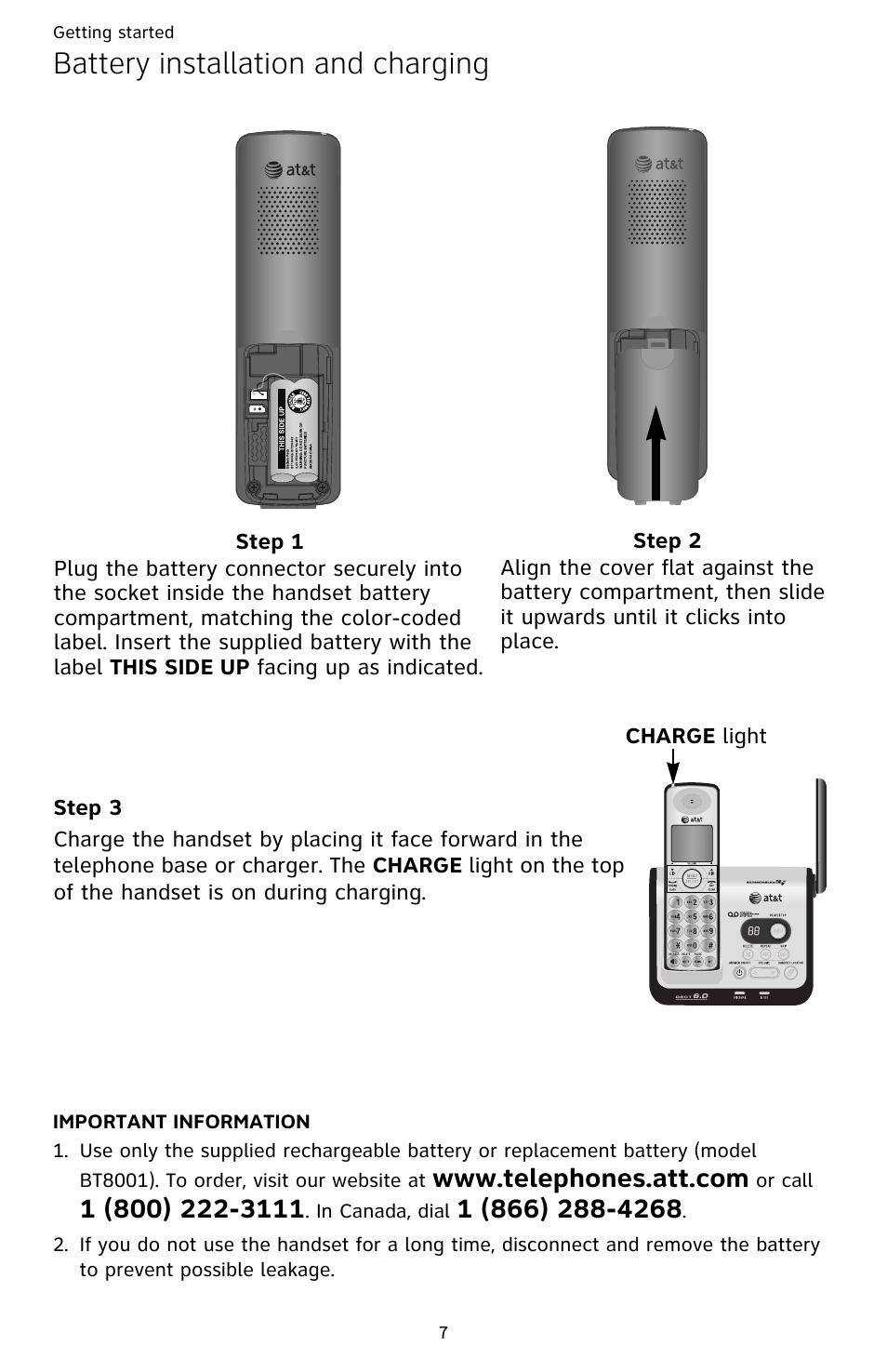 Battery installation and charging | AT&T CL82359 User Manual | Page 12 / 77
