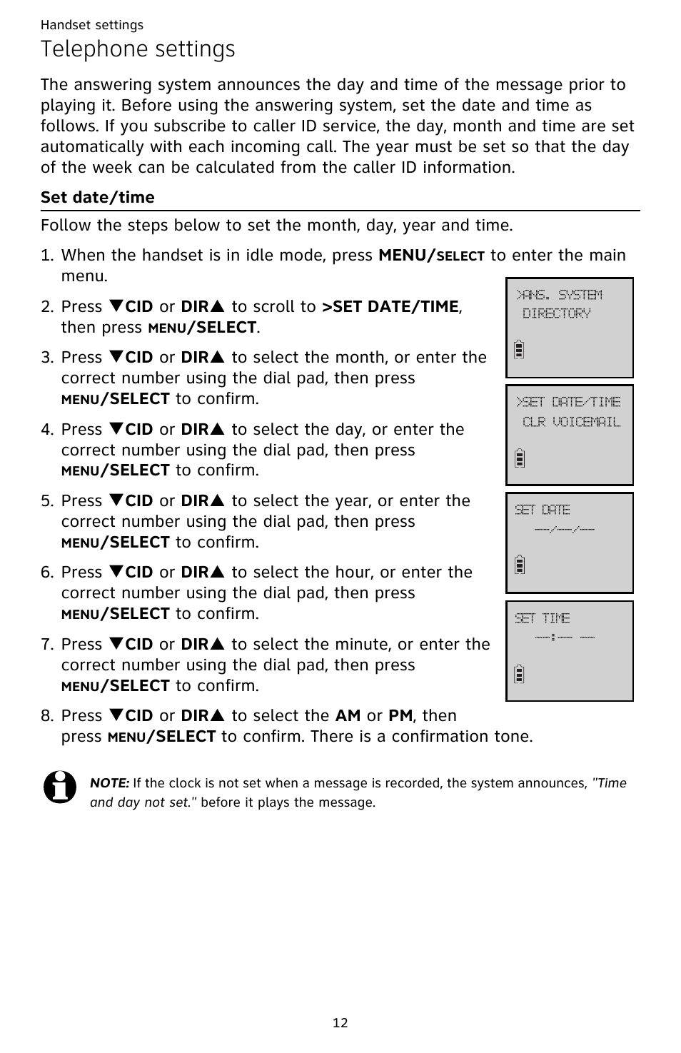 Set date/time, Telephone settings | AT&T CL82359 User Manual | Page 17 / 77