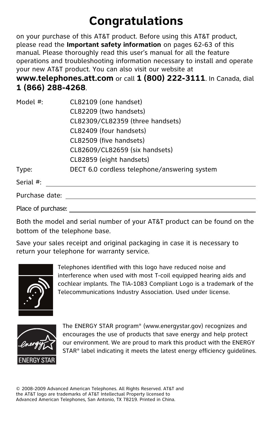 Congratulations | AT&T CL82359 User Manual | Page 2 / 77